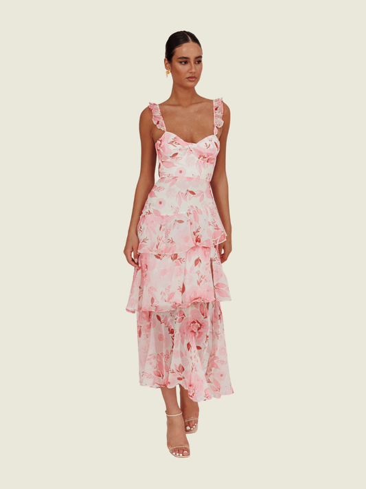 Selfie Leslie Veda Strappy Back Ruffle Dress in Flowers Blush