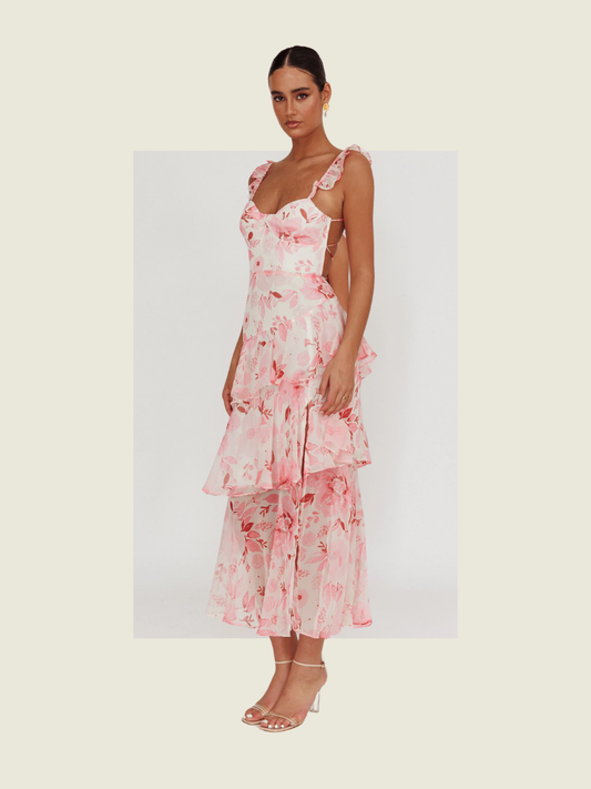 Selfie Leslie Veda Strappy Back Ruffle Dress in Flowers Blush