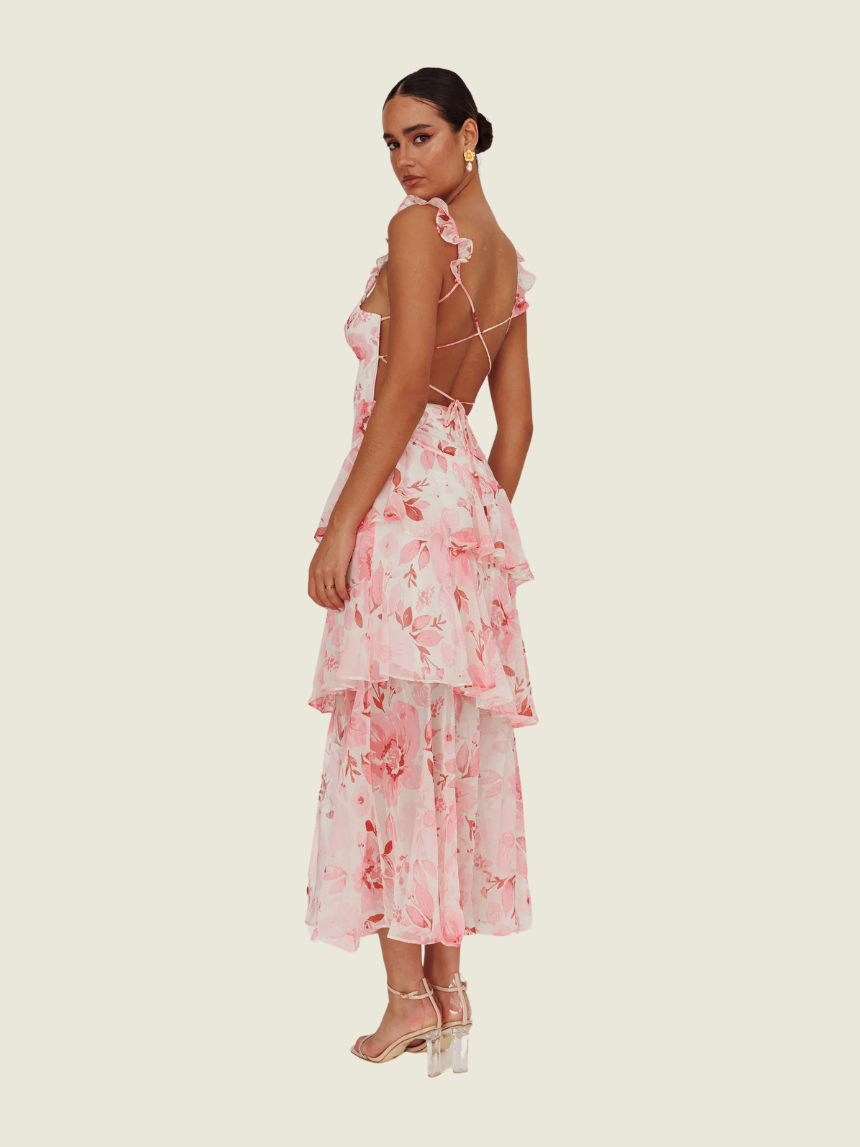 Selfie Leslie Veda Strappy Back Ruffle Dress in Flowers Blush