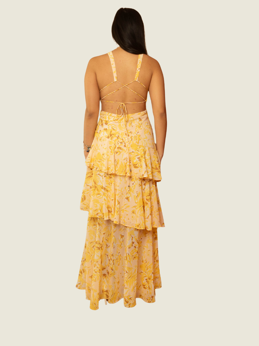 Selfie Leslie Yellow Veda Strappy Back Ruffle Dress Floral