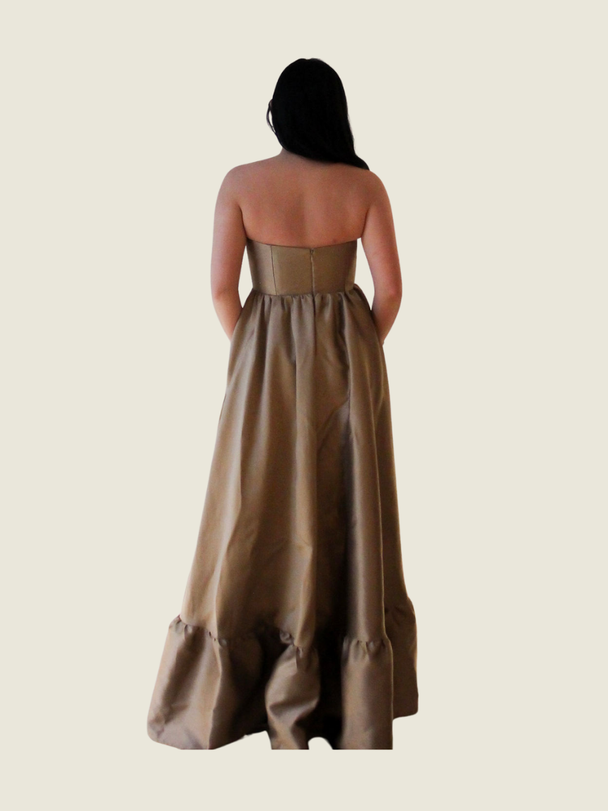 ZOO the Label Champagne Brown Corset Ruffle Maxi Dress