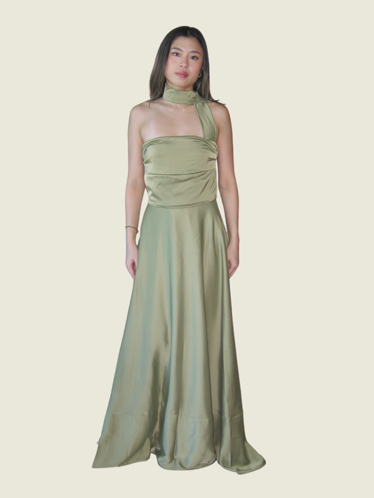 ZOO the Label Green Lya Strapless Pleated Dress with Neck Wrap