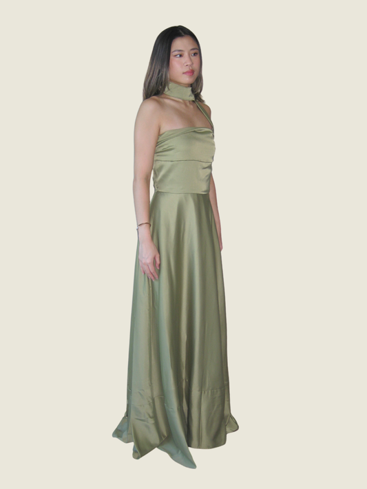 ZOO the Label Green Lya Strapless Pleated Dress with Neck Wrap