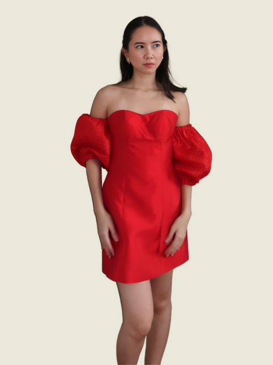 Gideon Sy Red Puff Sleeve Mini Dress