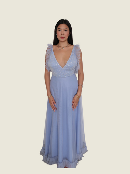 Maliche Blue Tulle Beaded Gown