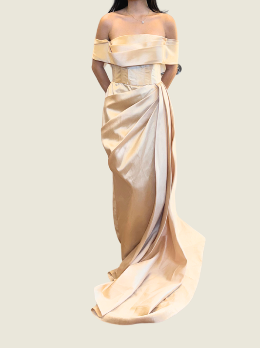 Thelma Daquioag Light Gold Off Shoulder Gown