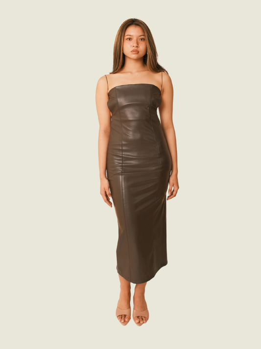 AIZEL Brown Leather Midi Dress