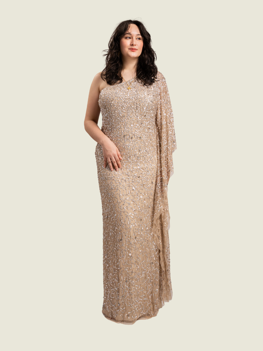Adrianna Papell Gold Sequin One Shoulder Gown
