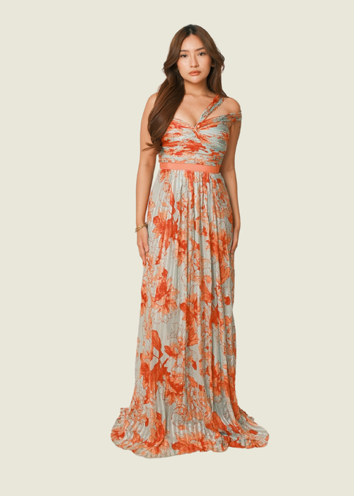 BCBG MAXAZRIA Inga Print Silk Chiffon Gown in Turquoise & Coral
