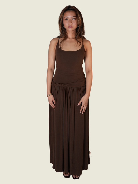 COCOSIN Brown Spaghetti Strap Maxi Dress