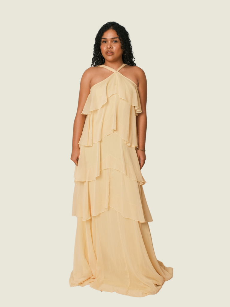 Sheila Haltered Tiered Gown in Butter Yellow