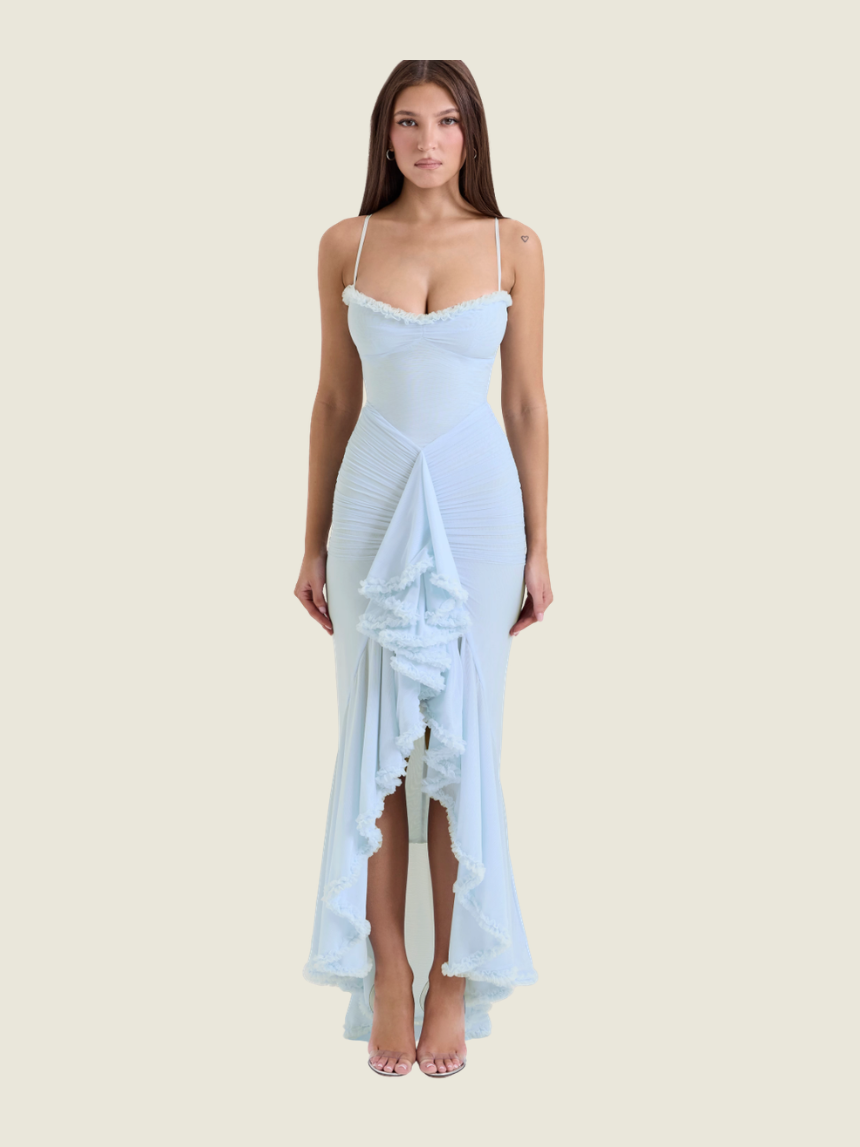 House of CB Gabbi Mesh Ruffled Front Gown