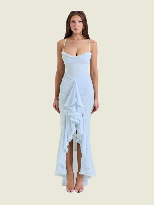 House of CB Gabbi Mesh Ruffled Front Gown