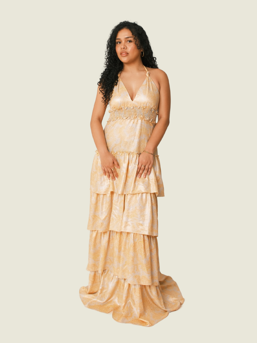 LIKELY Orange Floral Metallic Ruffle Dress