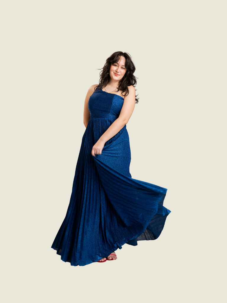 Maniju Navy One Shoulder Pleated Gown