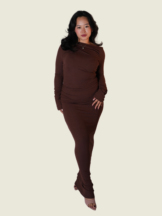 SNDYS Brown Long Sleeves Off Shoulder Maxi