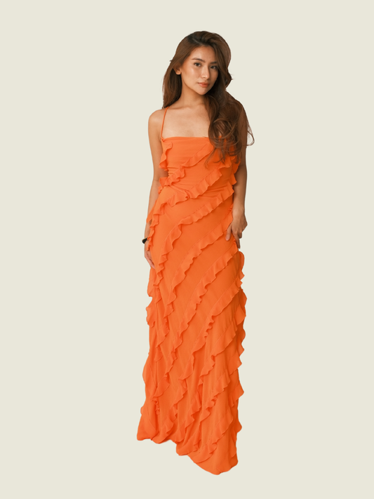 STAUD Orange Maxi Ruffle Dress