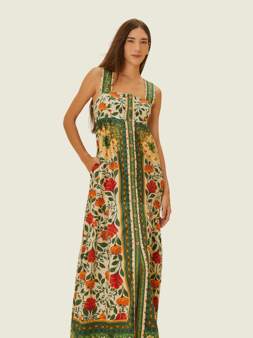 Farm Rio Sand Garden Tapestry Back Bow Maxi Dress