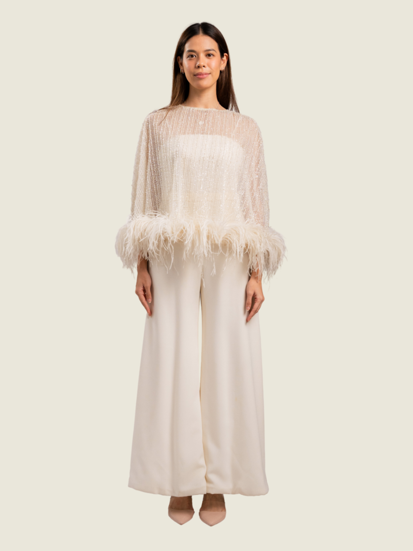 Patty Ang White Beaded Capelet with Feathers