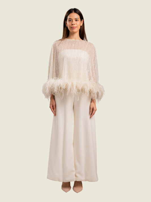 Patty Ang White Beaded Capelet with Feathers