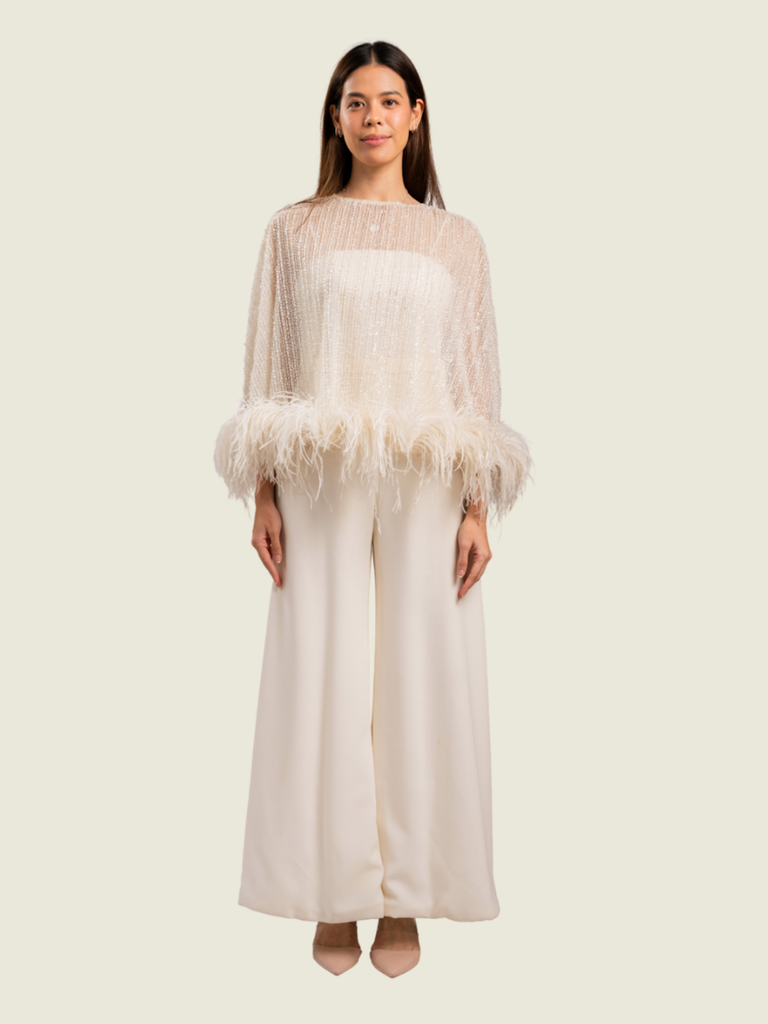 Patty Ang White Beaded Capelet with Feathers