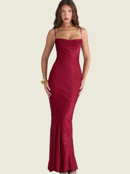 House of CB Deep Red Devore Satin Maxi Gown
