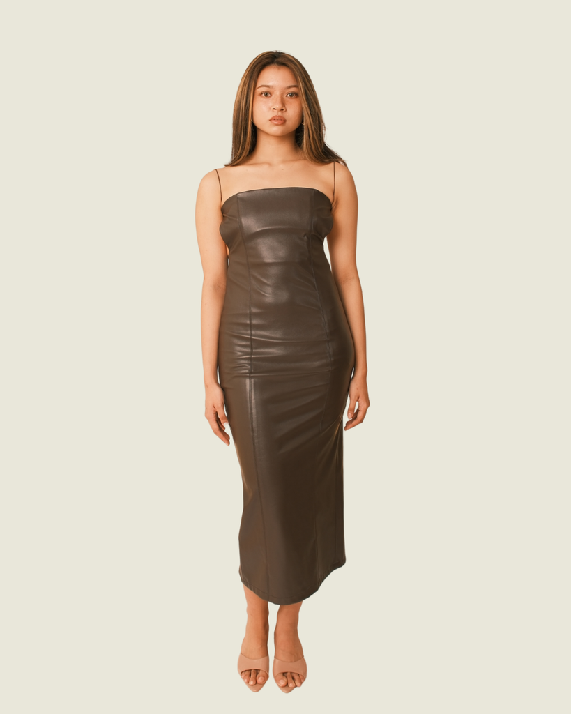 AIZEL Brown Leather Midi Dress