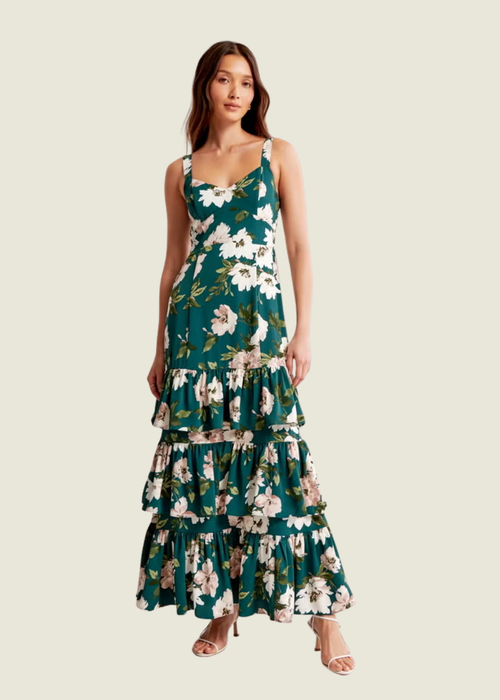Abercrombie Women's Drama Green Floral Ruffle Tiered Maxi Dress