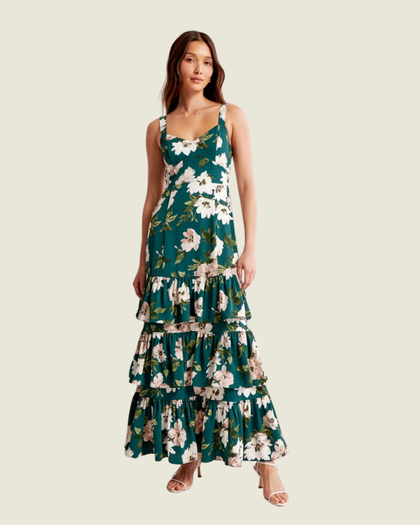 Abercrombie Women's Drama Green Floral Ruffle Tiered Maxi Dress
