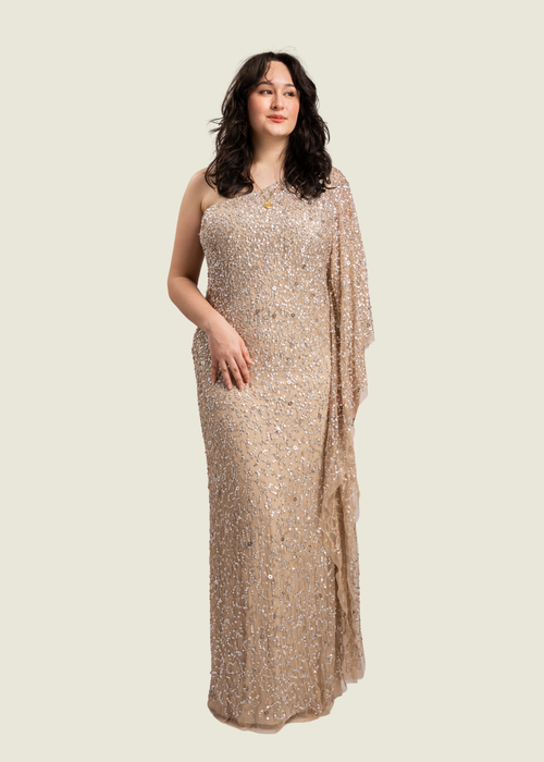 Adrianna Papell Gold Sequin One Shoulder Gown