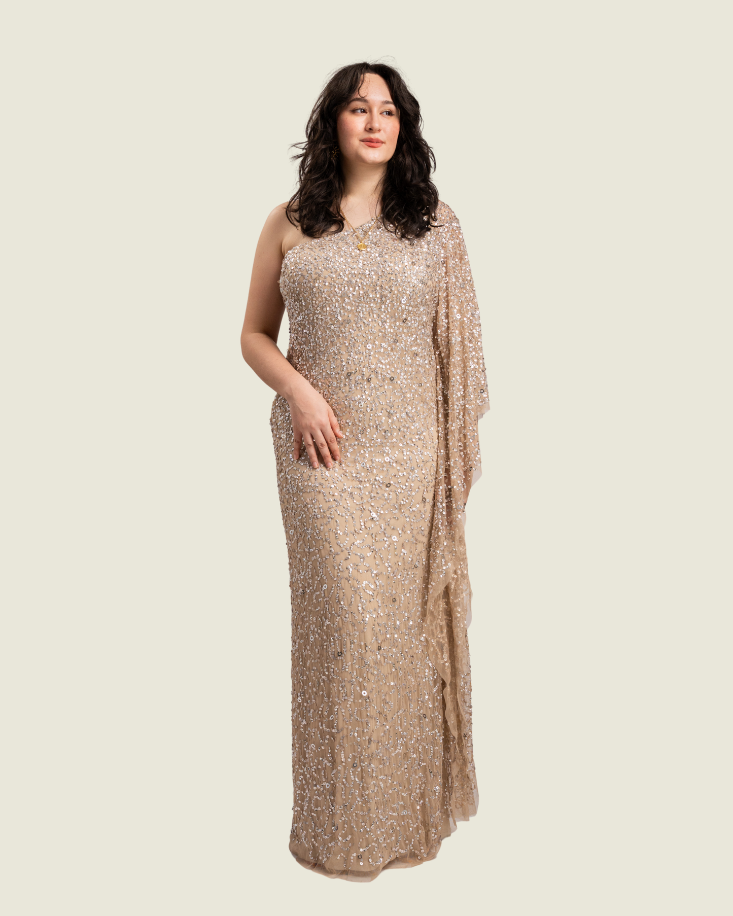 Adrianna Papell Gold Sequin One Shoulder Gown
