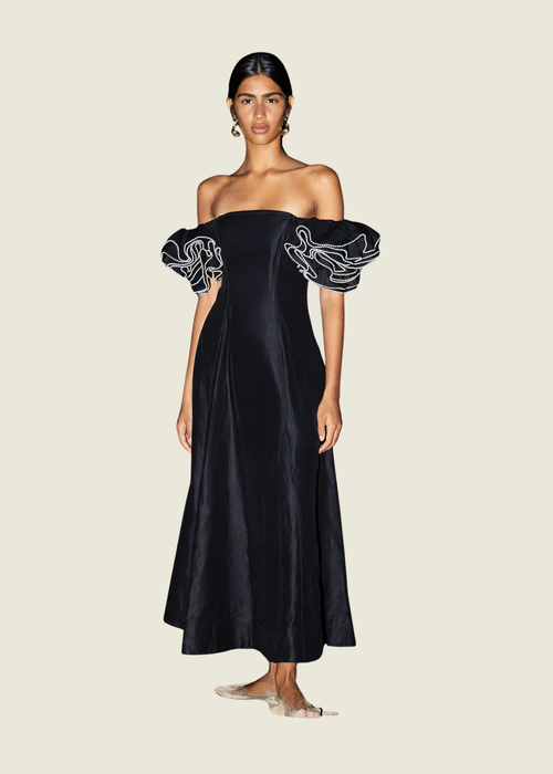 Aje Black Midi Dress with Ruffle sleeves