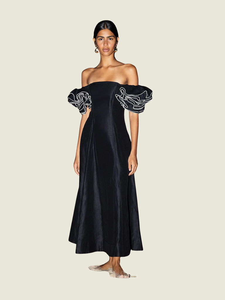 Aje Black Midi Dress with Ruffle sleeves