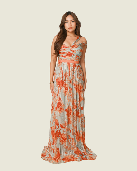 BCBG MAXAZRIA Inga Print Silk Chiffon Gown in Turquoise & Coral
