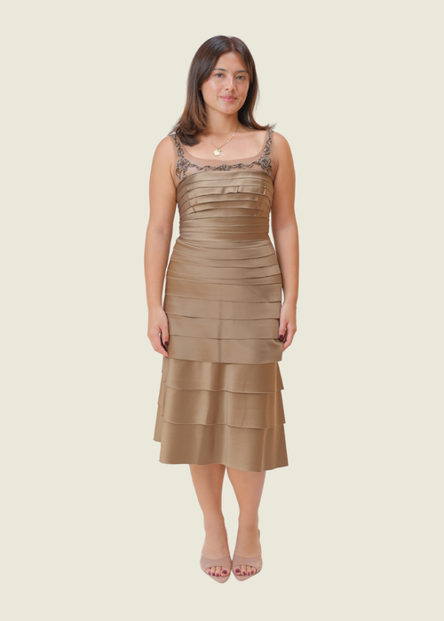 BCBG Maxazria, brown  pleated beaded details midi