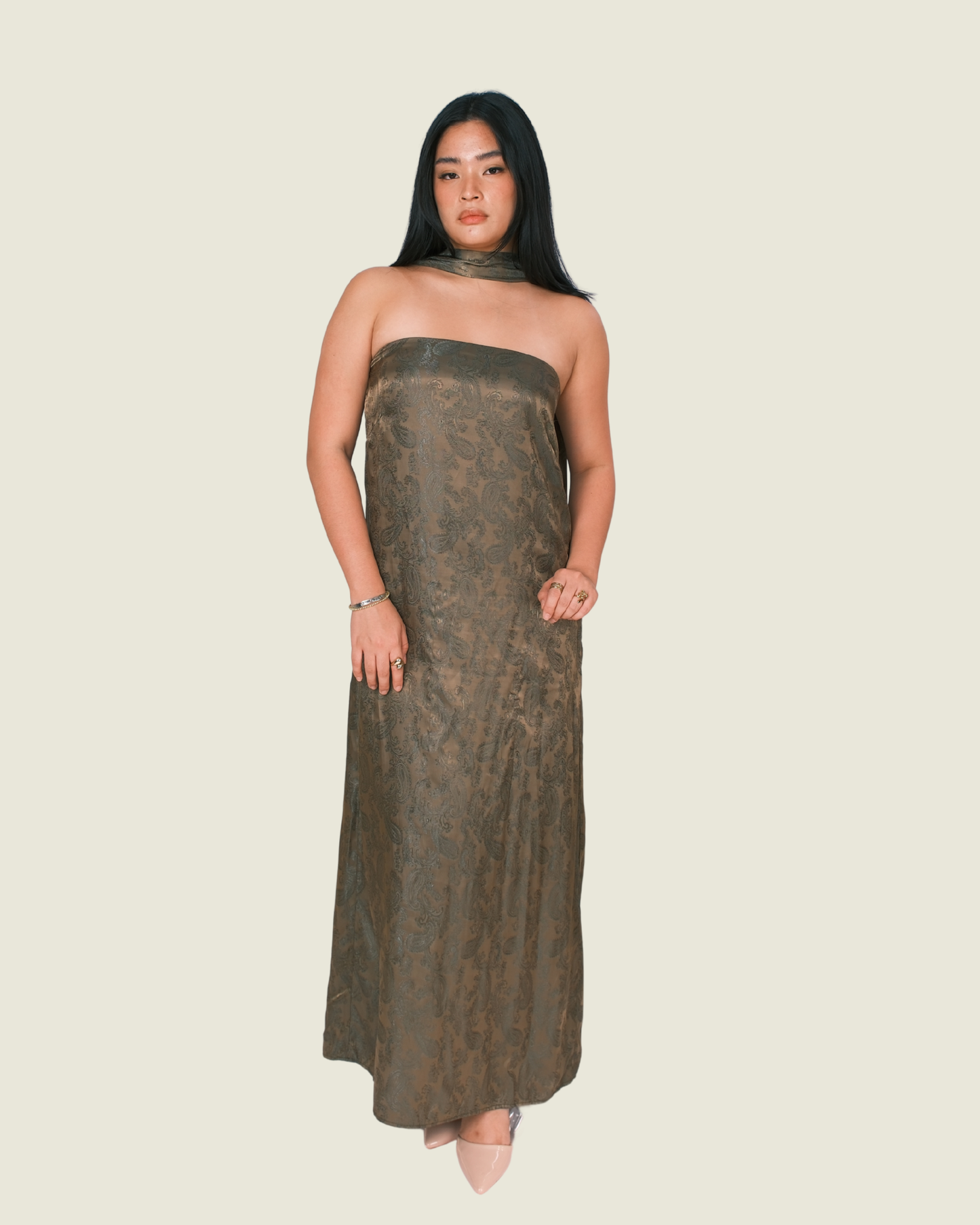 Bespoke Green Paisley Dress With Neck Scarf