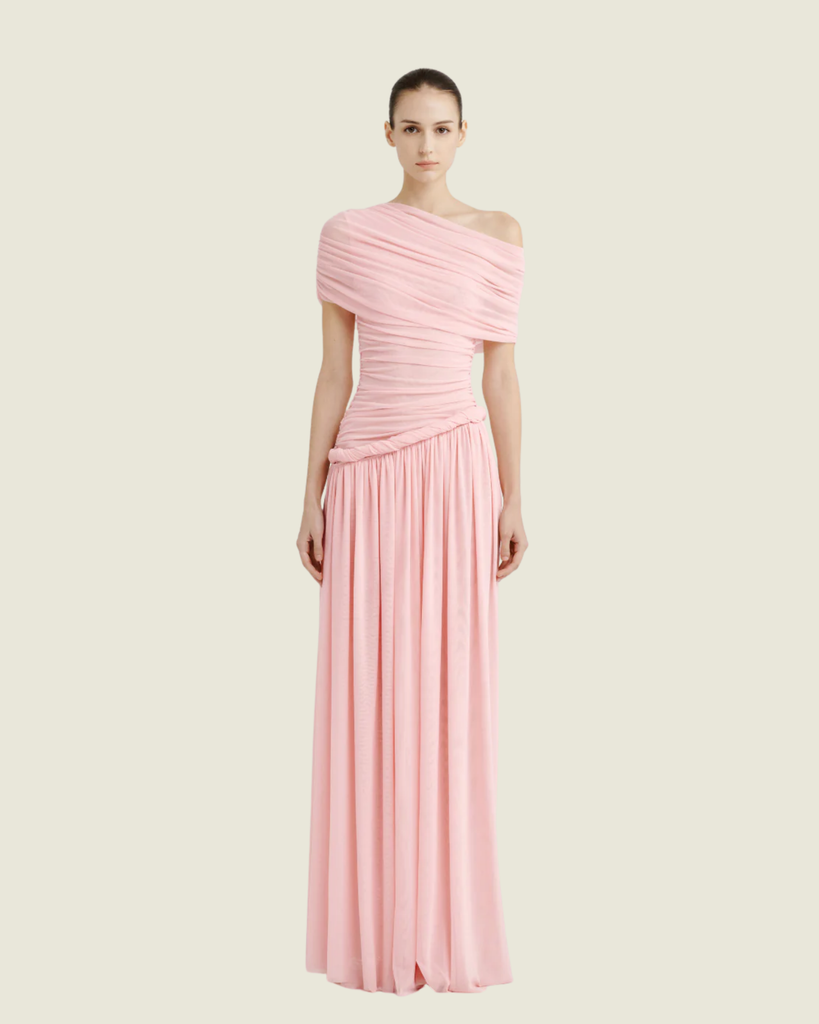 COCOSIN Pink Off-Shoulder Draped Maxi Dress