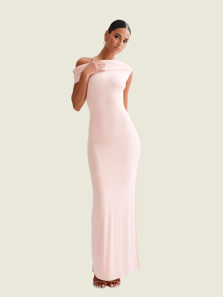 Cassandra Off the Shoulder Slinky Maxi Dress Light Pink in XS