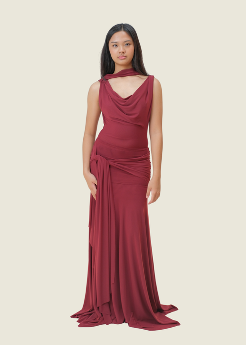Cocosin Solene Drape Maxi Dress Maroon