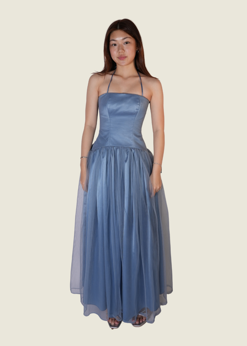 Custom Drop-Waist Pleated Gown in Powder Blue (XS)