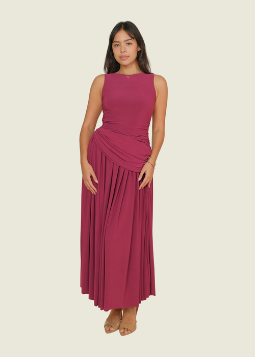 Custom Ruched Asymmetric Waist Gown in Plum