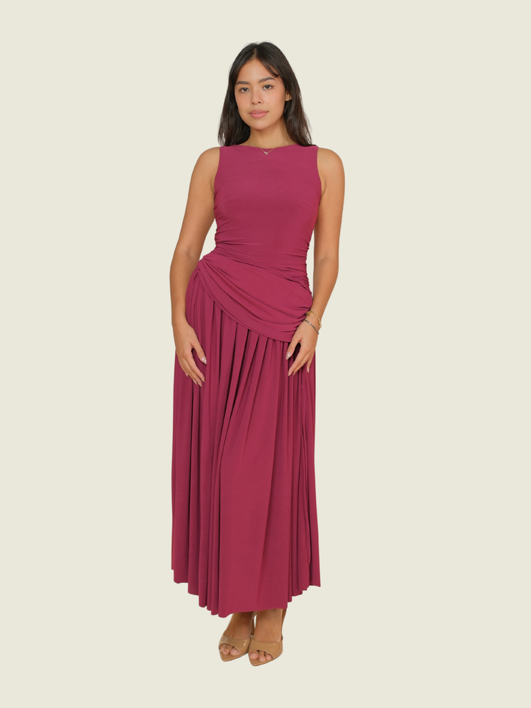 Custom Ruched Asymmetric Waist Gown in Plum