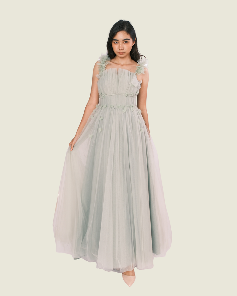 Custom Vee Tan Floral Sage Green Gown