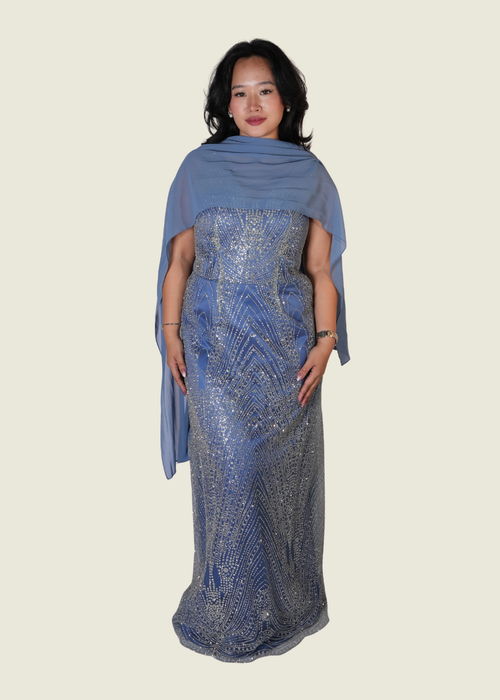 Debbie Co Blue Beaded Gown with Scarf (M)