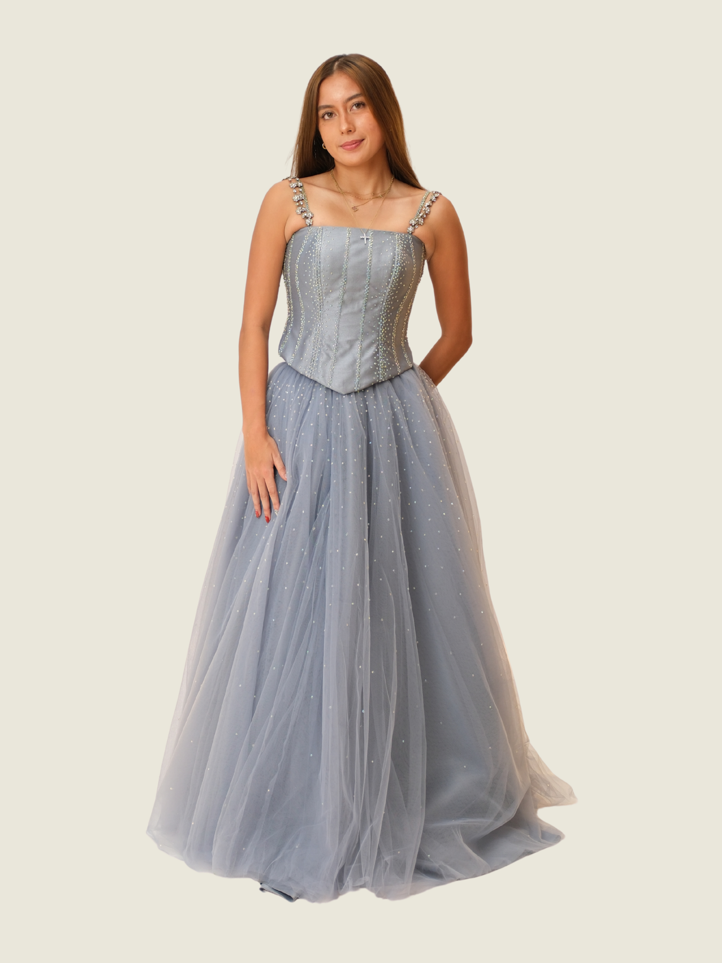 Enan Almando Couture Blue Couture Two-Piece Corset Dress with Crystal Detailing and Matching Bag