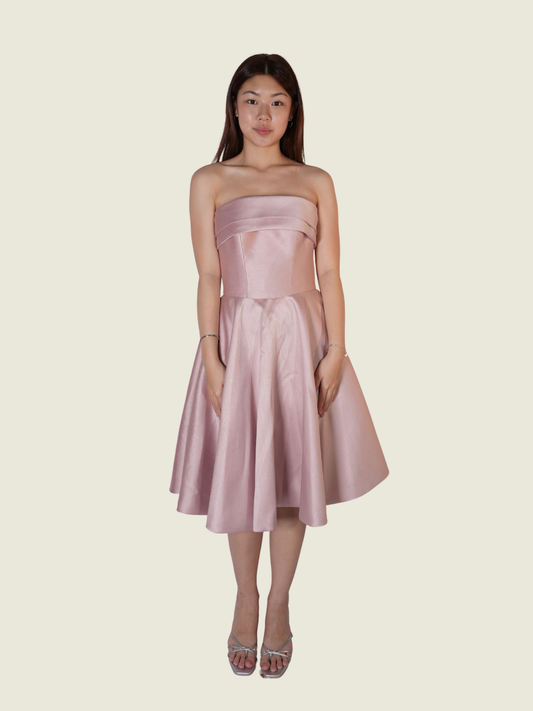 Erin Nicolas Blush Satin Strapless Midi Dress