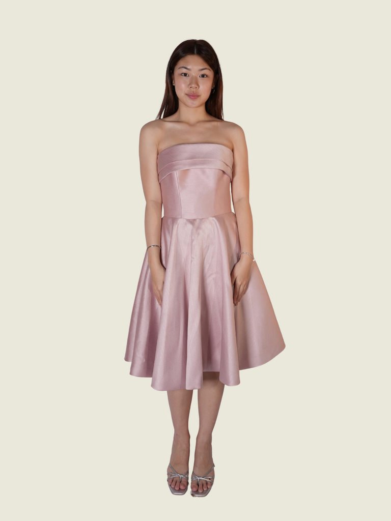 Erin Nicolas Blush Satin Strapless Midi Dress