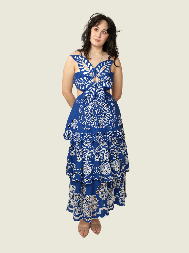 Farm Rio Blue Flower Richelieu Linen Midi Dress