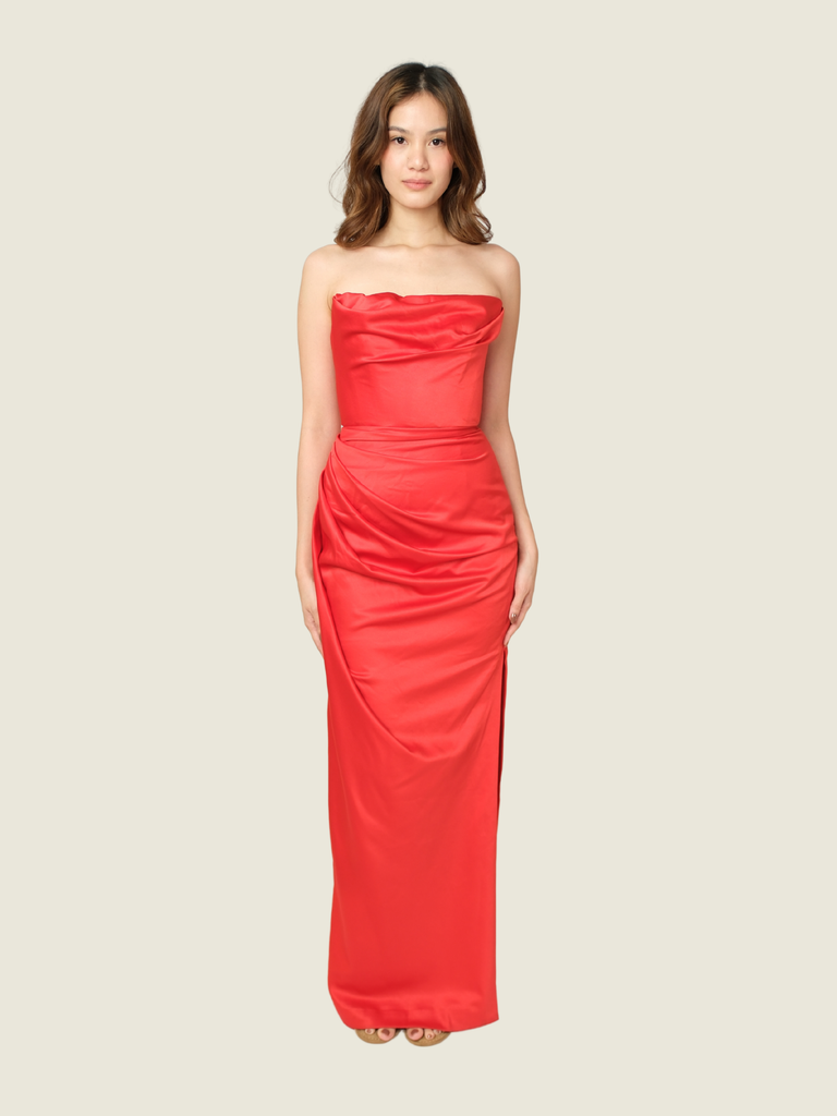 House of CB London Red Silk Slit Long Dress
