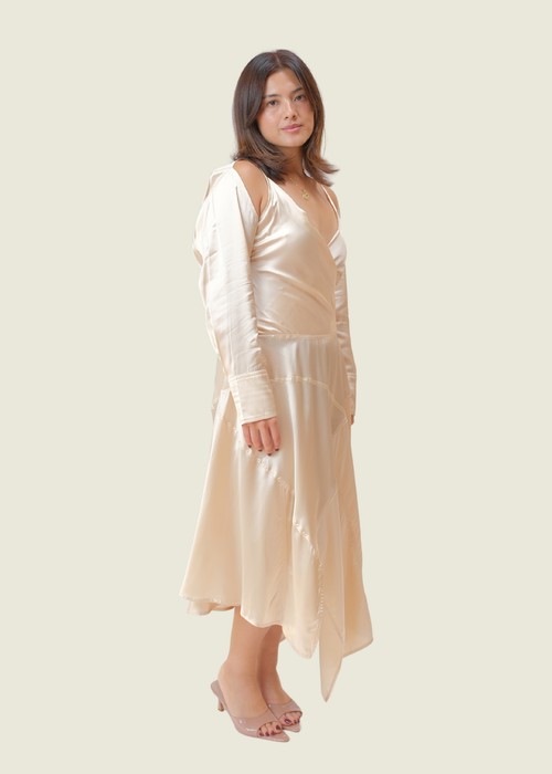 JW Anderson Boat Neck Satin Dress in Beige